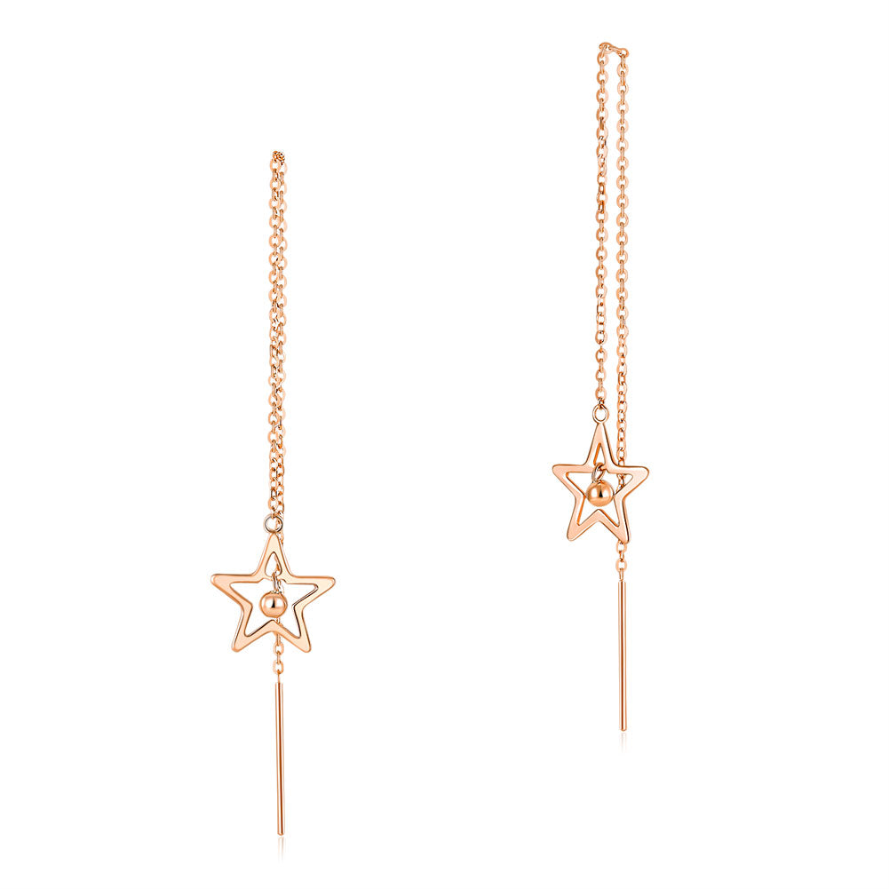 18K玫瑰金 長耳線星星耳環 時尚優雅百搭適合OL 精品珠寶Rose Gold Long Line Star Earrings