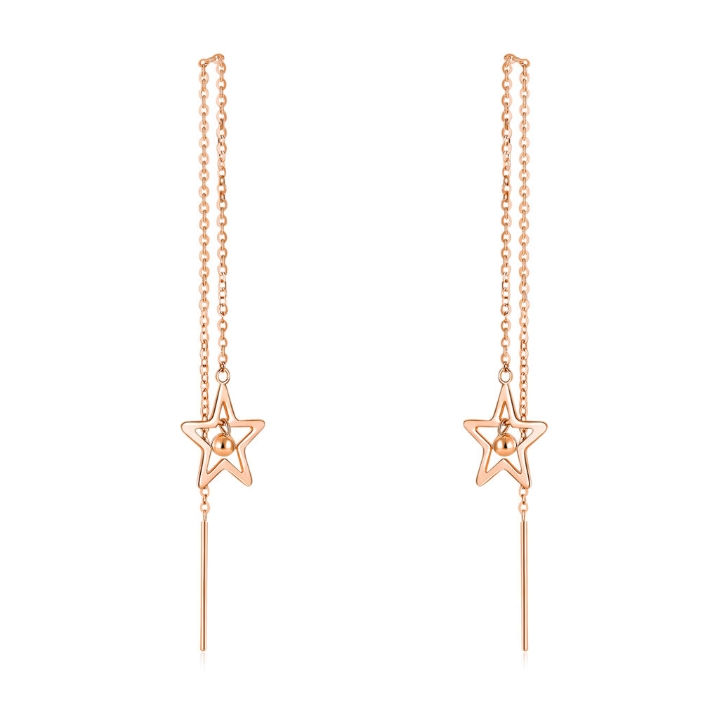 18K玫瑰金 長耳線星星耳環 時尚優雅百搭適合OL 精品珠寶Rose Gold Long Line Star Earrings