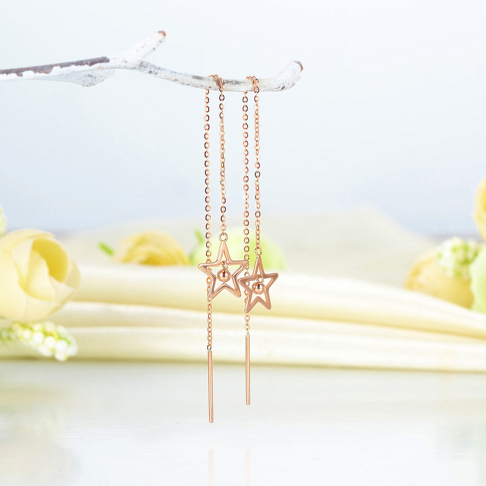 18K玫瑰金 長耳線星星耳環 時尚優雅百搭適合OL 精品珠寶Rose Gold Long Line Star Earrings