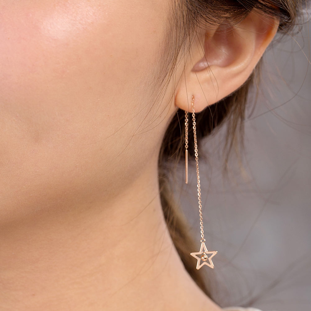 18K玫瑰金 長耳線星星耳環 時尚優雅百搭適合OL 精品珠寶Rose Gold Long Line Star Earrings