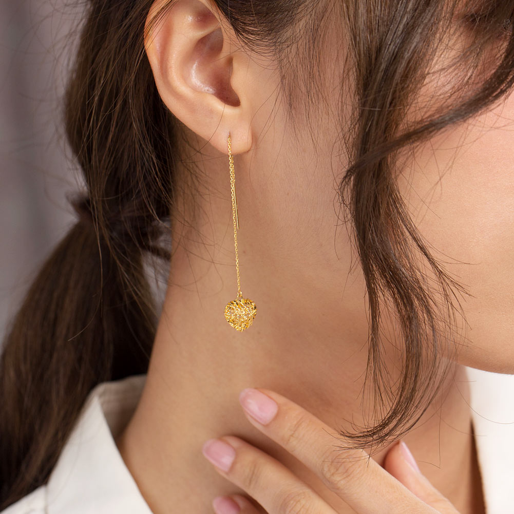 18K黃金 長耳線心形耳環 時尚優雅百搭適合OL - 精品珠寶