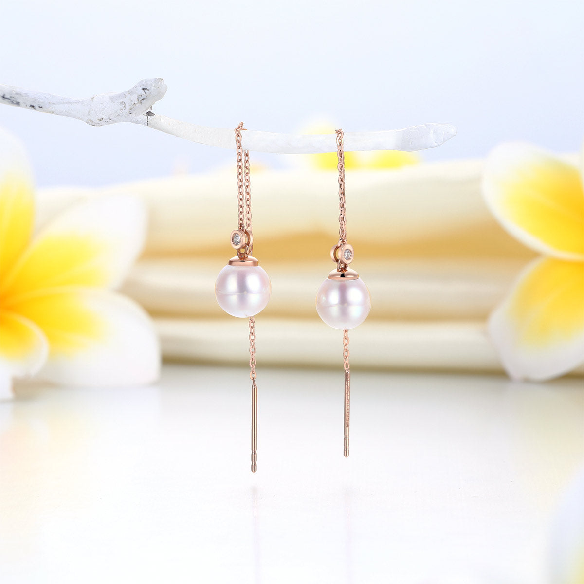 18K金玫瑰 金日本Akoya珍珠耳環 (7-7.5mm) Pearl Earrings 垂墜 - 精品珠寶