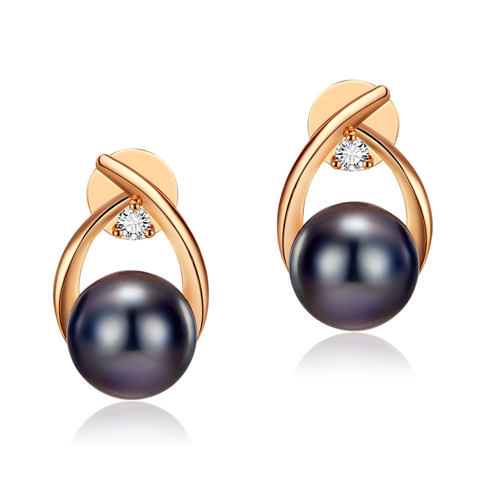 大溪地黑珍珠8mm耳環配2顆天然鑽石18K玫瑰金 -時尚款式精品珠寶