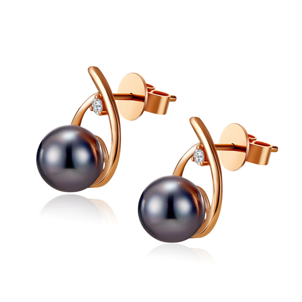 大溪地黑珍珠8mm耳環配2顆天然鑽石18K玫瑰金 -時尚款式精品珠寶