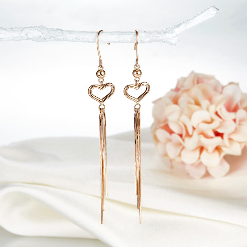 18K 玫瑰金耳環 心形長吊線 高貴優雅 韓日首飾 精品珠寶 Rose Gold Heart Earrings