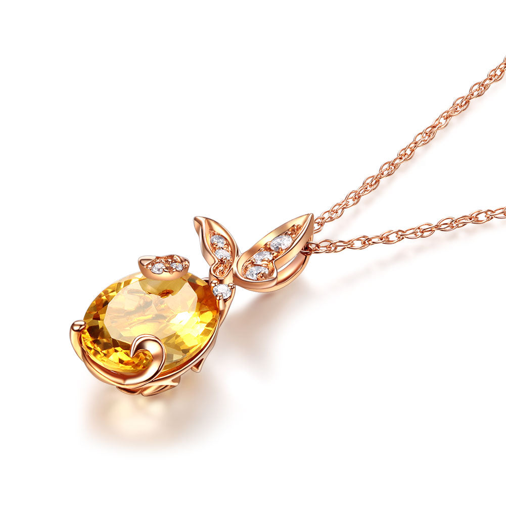 14K 玫瑰金頸鏈 蝴蝶黃晶吊墜連項鍊0.17克拉天然鑽石