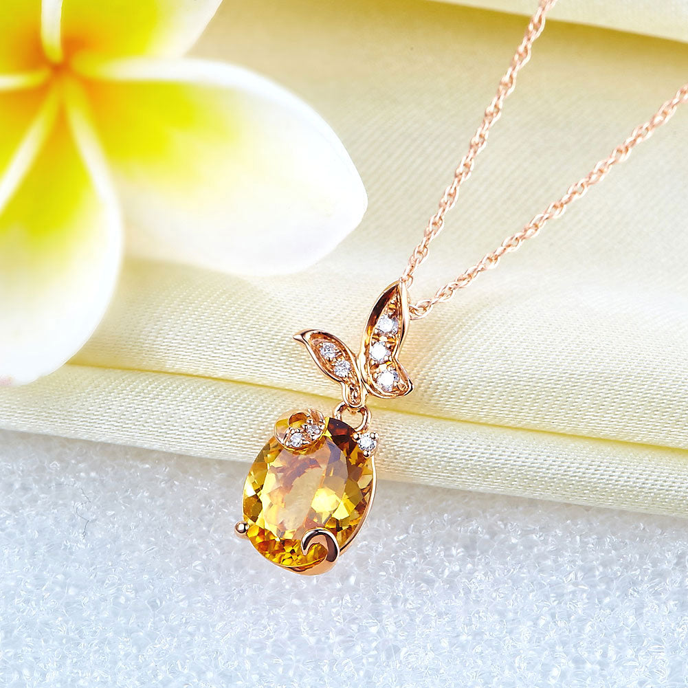 14K 玫瑰金頸鏈 蝴蝶黃晶吊墜連項鍊0.17克拉天然鑽石