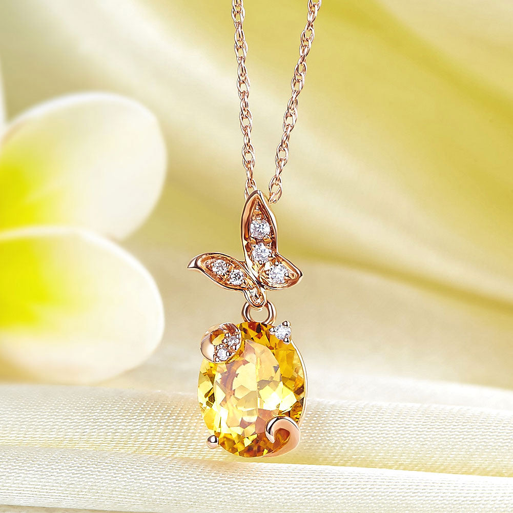 14K 玫瑰金頸鏈 蝴蝶黃晶吊墜連項鍊0.17克拉天然鑽石
