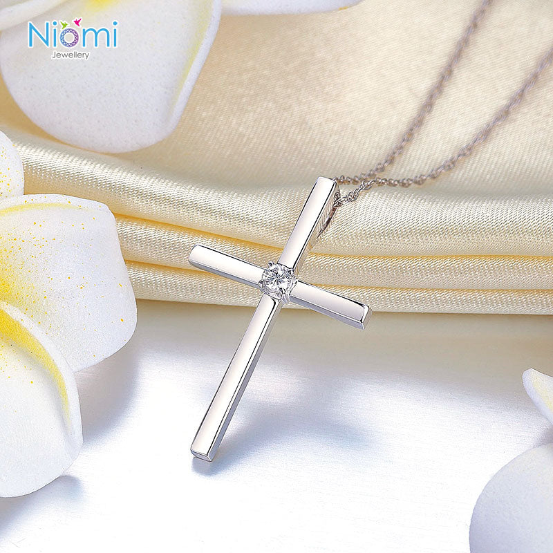 14K 白金十字架項鍊單鑽頸鏈8份天然鑽石- Niomi Jewellery