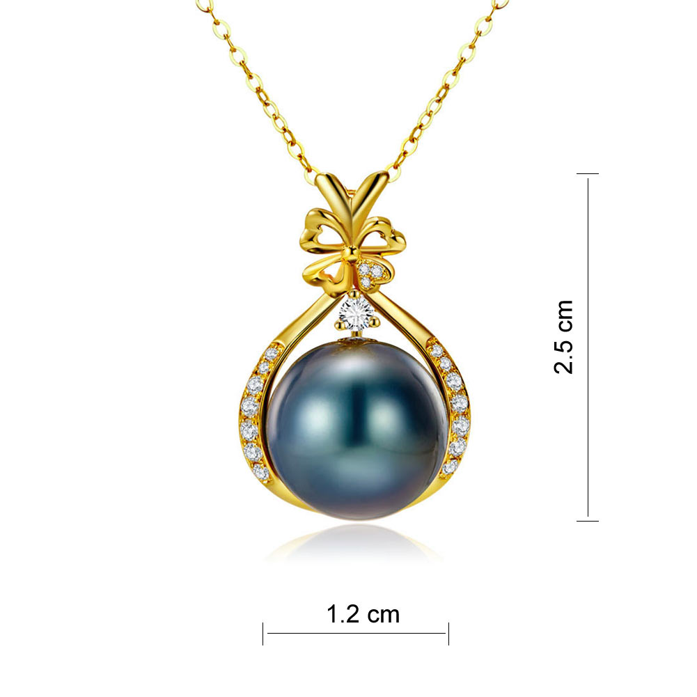 大溪地黑珍珠12mm頸鏈項鍊配18顆天然鑽石18K金 -圓形天然珍珠色澤光亮