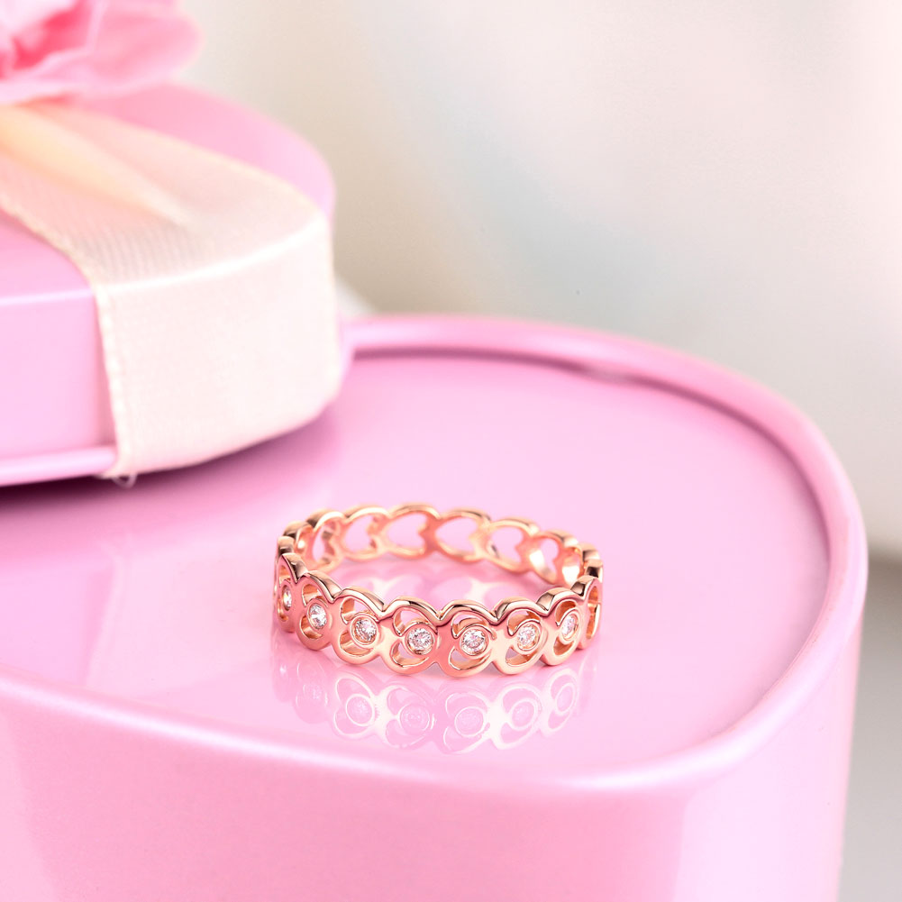 時尚品味 純14K玫瑰金 通花款 天然鑽石 0.07克拉 戒指 - 精品珠寶