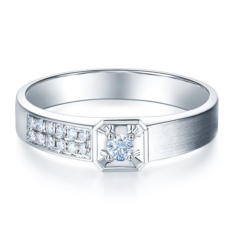 14K白金婚戒 男裝戒指 0.08克拉天然鑽石 耀眼光芒 - 精品珠寶
