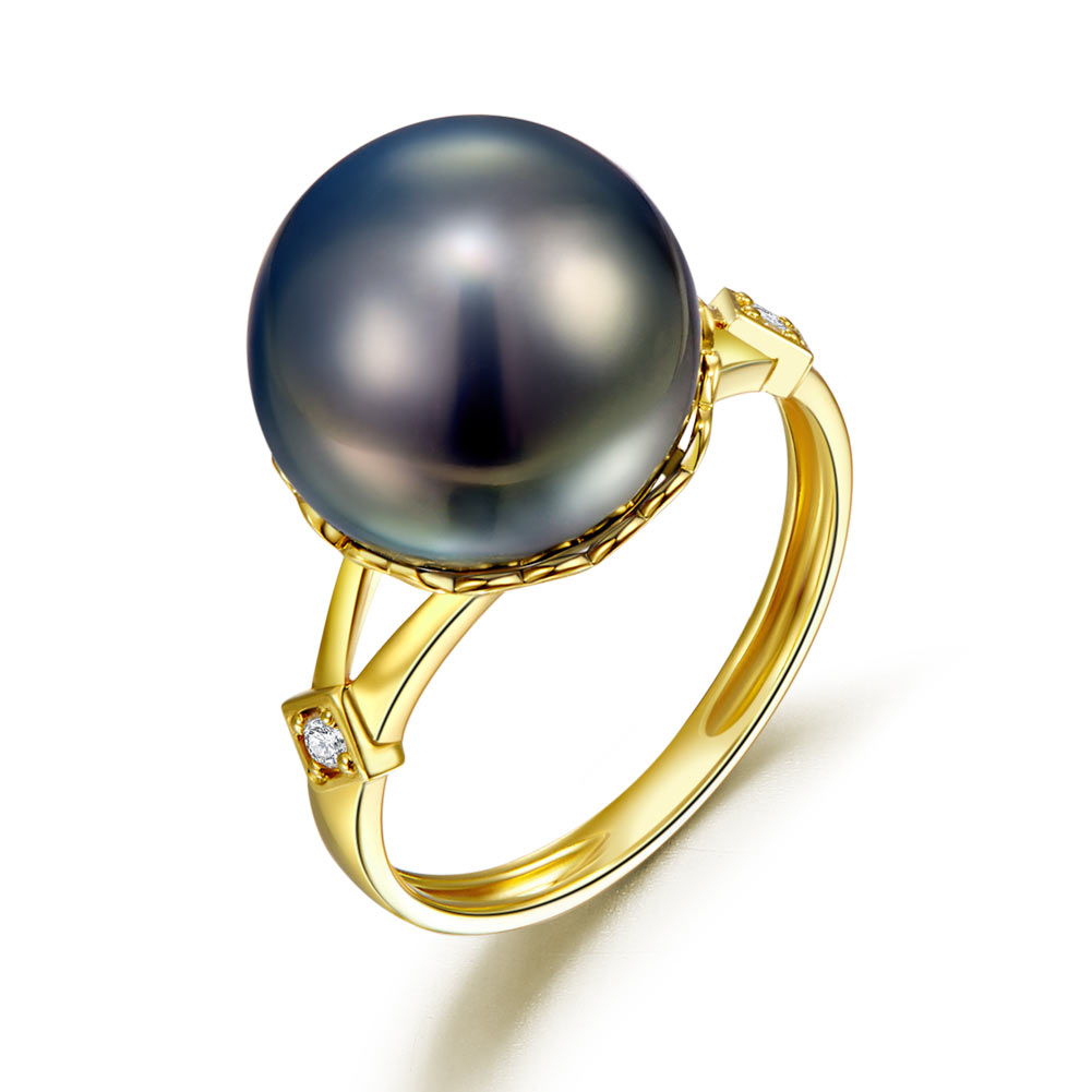 大溪地黑珍珠12mm18K金戒指配2顆天然鑽石 -優雅高貴精品珠寶