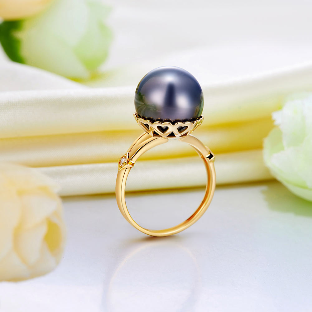 大溪地黑珍珠12mm18K金戒指配2顆天然鑽石 -優雅高貴精品珠寶
