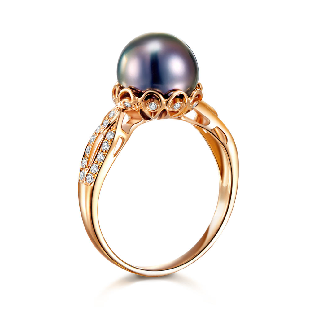 大溪地黑珍珠9mm18K玫瑰金戒指配34顆天然鑽石 -優雅高貴精品珠寶