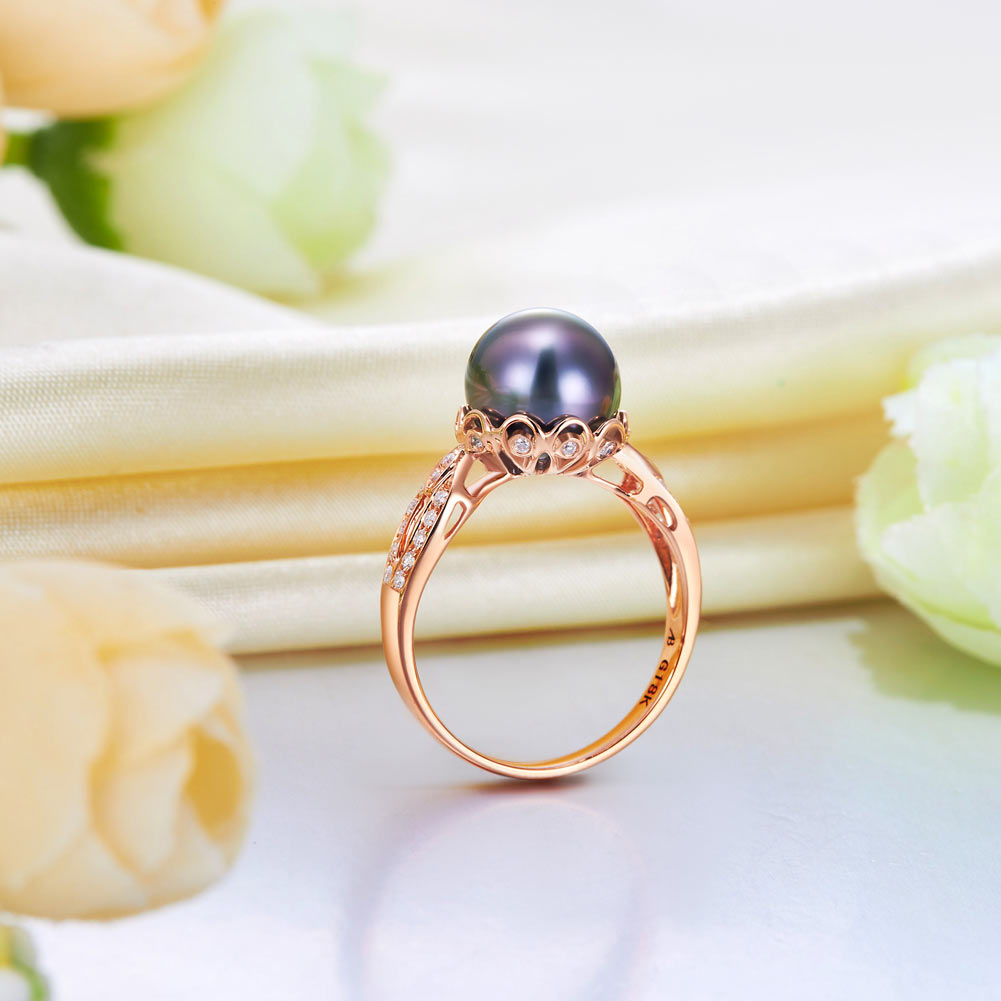 大溪地黑珍珠9mm18K玫瑰金戒指配34顆天然鑽石 -優雅高貴精品珠寶