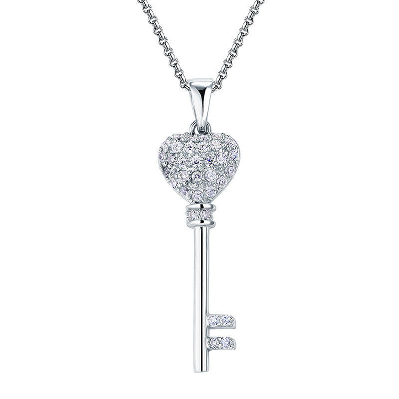 心形頸鏈 鑰匙吊咀項鍊 925純銀仿鑽 首飾 Silver Heart Key Necklace